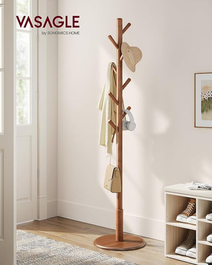 VASAGLE Solid Wood Coat Rack, Free Standing Hall Coat Tree with 8 Hooks, 3 Height Options, for Coats, Hats, Bags, Purses, for Entryway, Hallway, Rubberwood Hooks and Pole, Caramel Brown URCR009W01