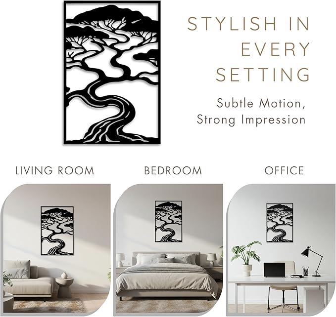 Bonsai Tree Metal Wall Art, Zen Nature Inspired Outdoor & Indoor Decor, Modern Framed Garden Wall Sculpture for Patio, Balcony, Living Room or Entryway (32×21 inches)