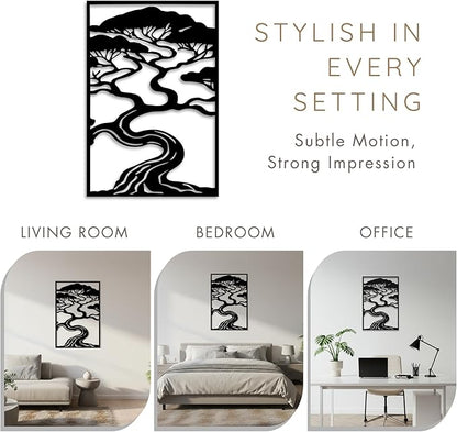 Bonsai Tree Metal Wall Art, Zen Nature Inspired Outdoor & Indoor Decor, Modern Framed Garden Wall Sculpture for Patio, Balcony, Living Room or Entryway (18×12 inches)