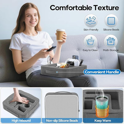 Couch Cup Holder Pillow, Sofa and Bed Caddy for iPad, Kindle, Switch, Game Controller, Remotes, Phones, Small-Sized Cup and Drink Holder for Couch, Bed, Desk, Car, Bathroom Cup Holder, Deep Gray