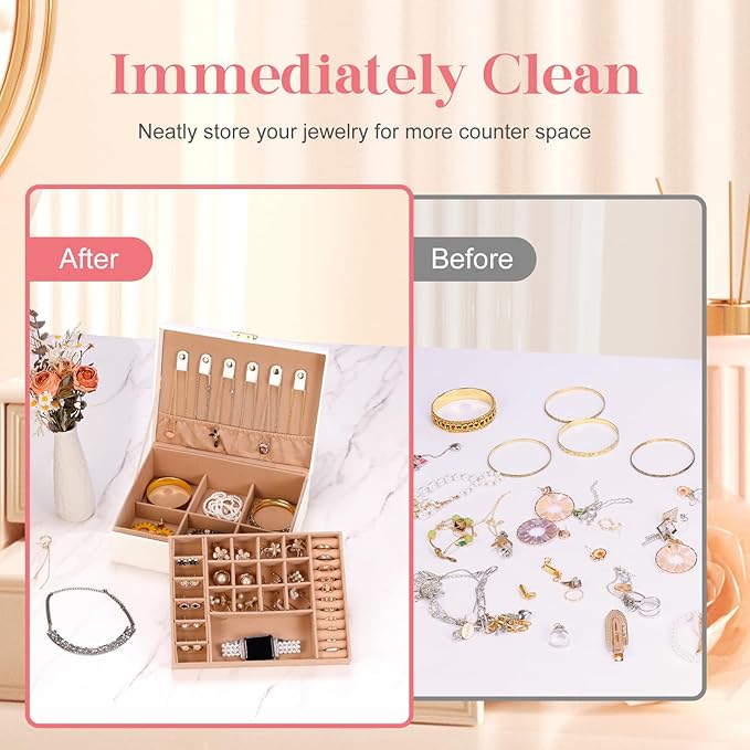 Gifturbo 2 Layers Jewelry Boxes for Women, White Jewelry Organizer Box with Removable Tray, PU Leather Jewelry Storage Box for Girls, Modern Style for Rings Earrings Necklace Bracelets, Gift Idea
