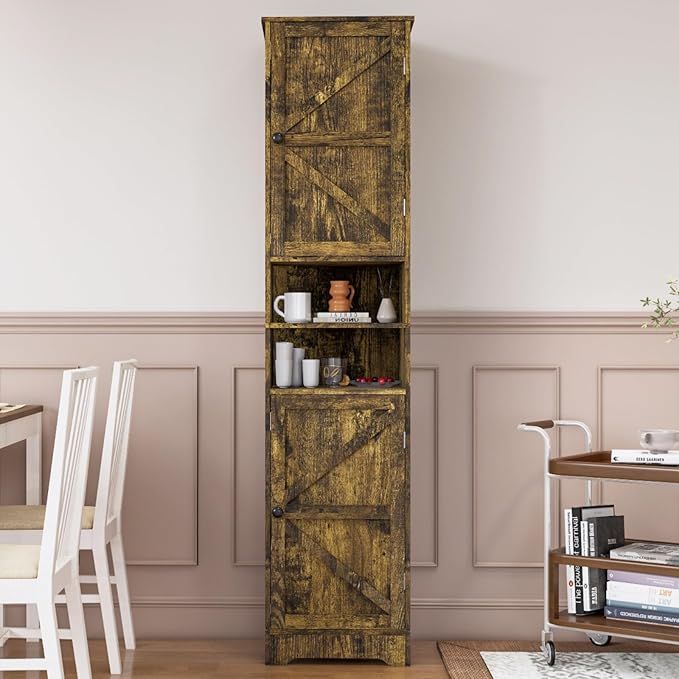 Tall Bathroom Storage Cabinet, Vertical Freestanding Organizer with Adjustable Shelf, Slim Design for Small Bathrooms, Towels & Toiletries Storage Retro Colors