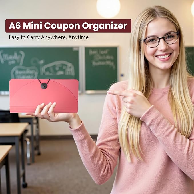 13 Pocket A6 Receipt Organizer, 2 Pack Small Accordion File Organizer, Coupon Organizer with Labels - Pink