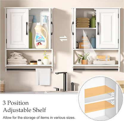 Farmhouse Bathroom Wall Cabinet with Tower Bar, 20"x25" Wall Storage Cabinet with Barn Doors & 3 Point Adjustable Shelf, 3-Tier Wall Mounted Medicine Cabinet for Bathroom Kitchen Living Room