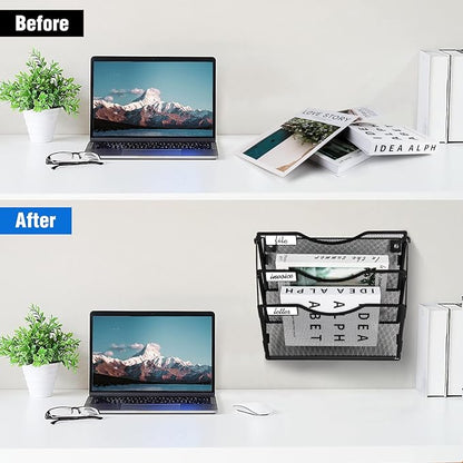 Wall File Organizer 3 Pockets, Mail Organizer, Hanging Folder Holder, Foldable | Hanging or Wall Mounted | Label Panel | 2 Hooks | Office Home School Organizer, Black