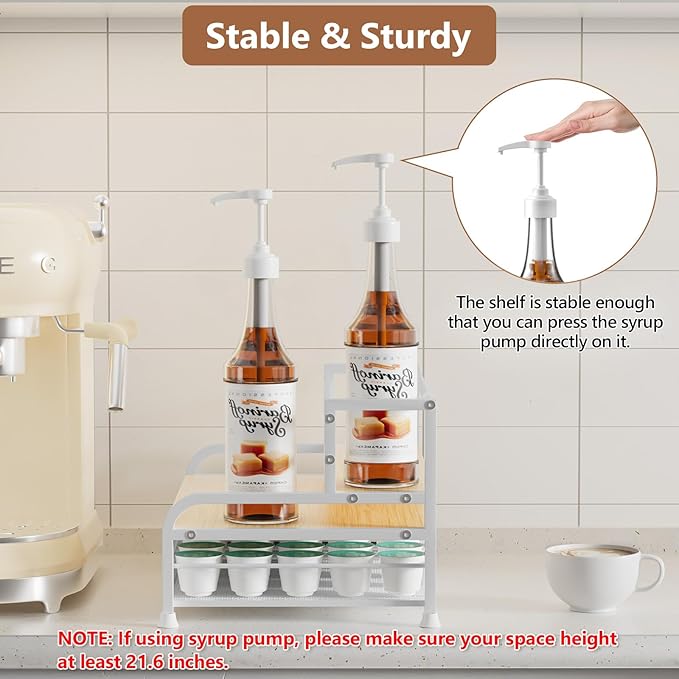 Coffee Syrup Rack Organizer, 3-Tier 8 Bottles Syrup Rack with 35 K Cup Storage Basket for Coffee Bar, Countertop Bottle Holder Stand for Wine, Dressing for Kitchen Cafe Station- White