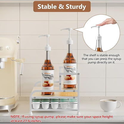 Coffee Syrup Rack Organizer, 3-Tier 8 Bottles Syrup Rack with 35 K Cup Storage Basket for Coffee Bar, Countertop Bottle Holder Stand for Wine, Dressing for Kitchen Cafe Station- White