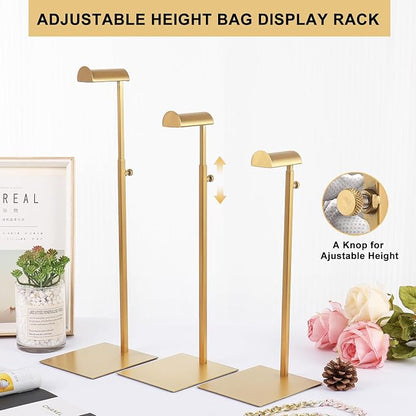 Gold Purse Display Stand, 3 Pack Heavy Duty Stainless Steel Handbag Stand, Adjustable High Bag Hanger Stand Bag Display Rack for Closet, Retail Display Stand Hanging Luxury Purses (RCS 50% Recycled Post-consumer Metal)