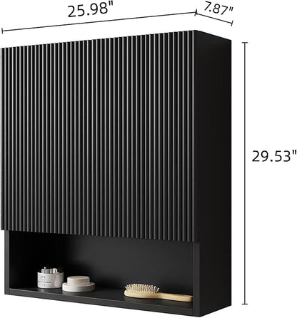 26" Wall-Mounted Striped Bathroom Cabinet, with Doors, Shelf and Open Storage Compartment Over The Toilet Storage Cabinet for Bathroom, Kitchen, Laundry Room, Black