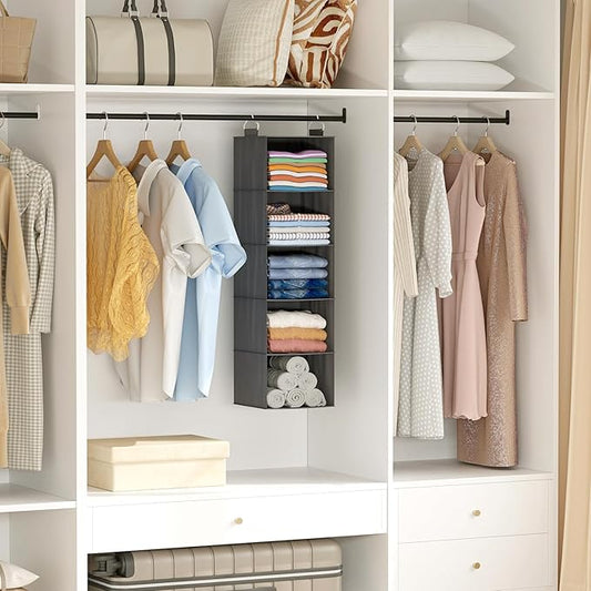 Lifewit 5 Tier Hanging Closet Organizer and Storage for Shelves, Foldable Clothes Shelf with 2 Sturdy Hooks, Sweater/Coat/Shoes Clothing Organization for Wardrobe, Dorm, Bedroom, Gray