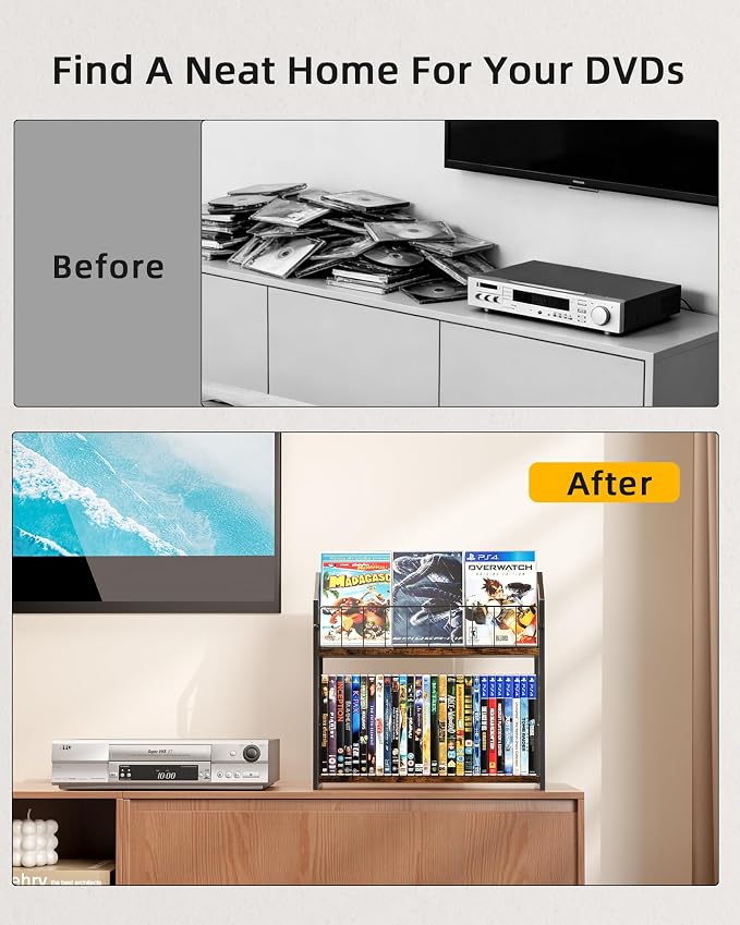 2-Tier DVD Storage Rack, DVD Shelf for Non-slip Feets, DVD Holder Display with 10lb per Tier, Stores Up to 56 DVDs, Display Organizer Tower for Music Enthusiasts and Collection