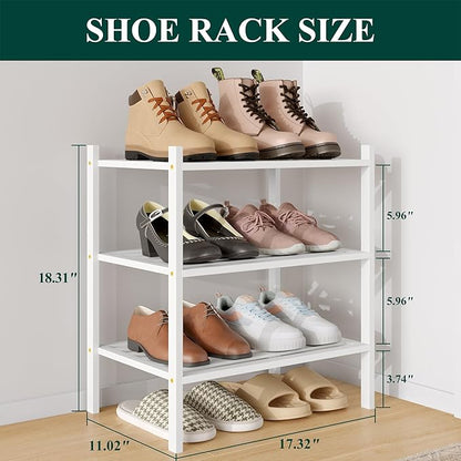 Smiry Small Bamboo Shoe Rack 3-Tier, Stackable Wooden Shoe Organizer for Entryway & Closet, Free Standing Wood Shoe Storage Shelf for Front Door & Small Spaces, White