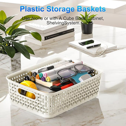White Plastic Basket, 8 Pack Home Organization and Storage Baskets with Handles, Space Saving Woven Organizer Bins Plastic Storage Basket for Organizing Cabinets,Closets, Shelves, Countertops