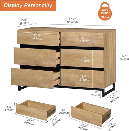WAMPAT Dresser for Bedroom, Modern Wood Dresser with 6 Drawers, Chest of Drawers with Metal Base, Closet Organizers for Living Room, Entryway, Oak