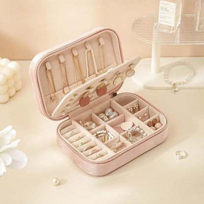CASEGRACE Plush Velvet Travel Jewelry Box, Portable Jewelry Case for Women Girls, Double Layer Jewelry Organizer Display Box for Necklace Earring Rings Bracelet, Travel Accessory Gifts, Pink