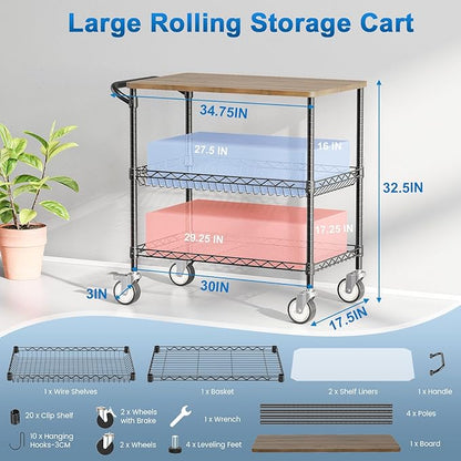Leteuke Rolling Kitchen Carts with Wheels, 34" L x 17.5" W, 3-Tier Heavy Duty Utility Cart with Wood Tabletop, NSF Commercial Metal Serving Cart with Handle and Shelf Liner for Kitchen, Black