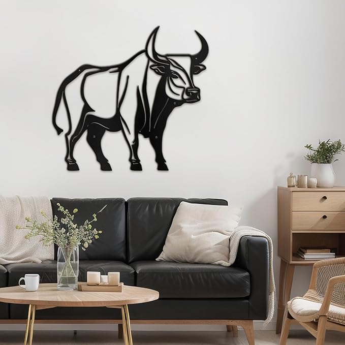 SIGNLEADER Metal Wall Art Decor Ferocious Cow Minimalist Modern Abstract Wall Sculpture Hangings Home Decoration for Living Room, Bedroom, Bathroom, Kitchen, Outdoor - 18" Black