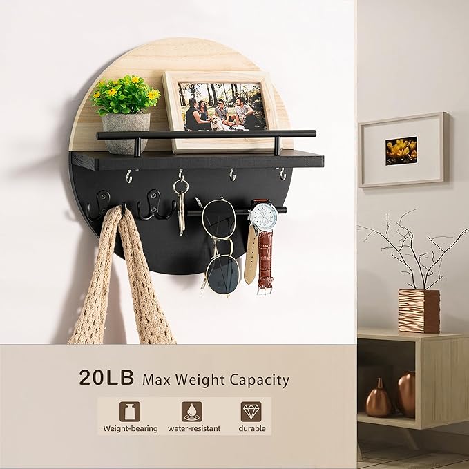 Key Holder for Wall Decorative with Shelf and Hooks, Mail Organizer Wall Mount with Sunglasses Holder, Circular Design Entryway Key Rack Hanger, Rustic Home Decor