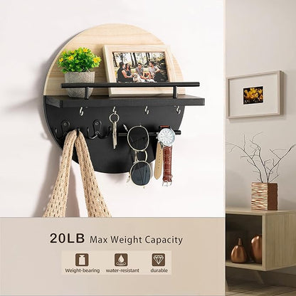 Key Holder for Wall Decorative with Shelf and Hooks, Mail Organizer Wall Mount with Sunglasses Holder, Circular Design Entryway Key Rack Hanger, Rustic Home Decor