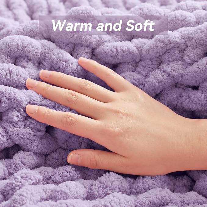 Negwoo Chunky Knit Throw Blanket, 60''*80'' Knitted Throw Chenille Yarn for Bed Couch, Handmade Light Purple Crochet Big Thick Blanket, Machine Washable Cute Comfy Blanket for Home Decor