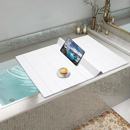 White Wood Grain Foldable Bathtub Cover, PVC Waterproof Dustproof Bath Tub Lid, Heat Preservation Bathroom Tub Tray for Home Hotel Spa (59.06×27.56×0.26in)