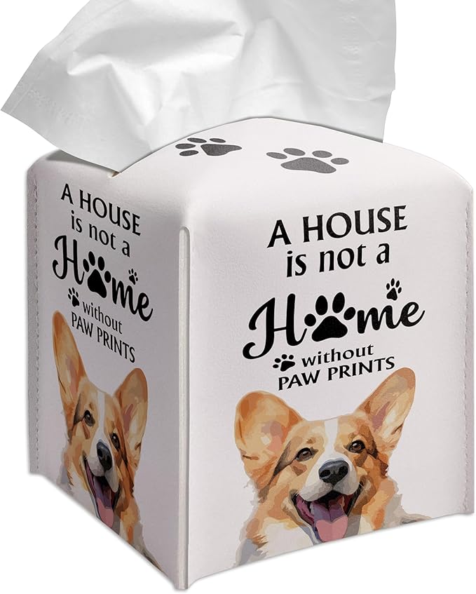 Grace Yonks Cute Corgi Tissue Box Cover Square, Corgi Dog Cube Case for Facial Tissues, 5.2" PU Leather(040)