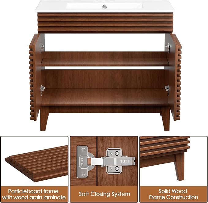 ROOMTEC 36" Bathroom Vanity with Sink, Mid-Century Freestanding Bathroom Vanity Sink with Storage, Undermount Ceramic Sink, Particleboard Frame with Wood Grain Laminate, Walnut