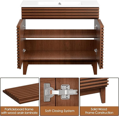 ROOMTEC 36" Bathroom Vanity with Sink, Mid-Century Freestanding Bathroom Vanity Sink with Storage, Undermount Ceramic Sink, Particleboard Frame with Wood Grain Laminate, Walnut