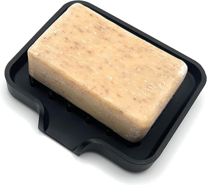 Happitasa Silicone Soap Dish Tray and Sponge Holder with Drain Chute and Feet | 3-Way Sloped Design | Bathroom and Kitchen Sink Organizer Caddy (Black, 5"x4")