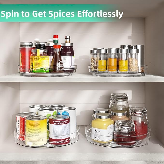 Optish 3 Pack 9.5" Lazy Susan Organizer, Lazy Susan Turntable for Cabinet, Spice Organization for Cabinet, Refrigerator, Pantry, Closet, Countertop, Non-Skid Turntable Organizer, Clear