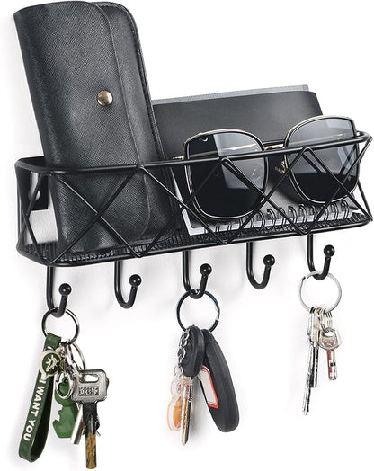 HappyHapi Key Holder for Wall Decorative, Entryway Key Hooks, Wall Mounted Key Rack with 5 Hooks, Metal Wire Mesh Basket Mail Holder, 9.8”Lx2.1”Wx4.1”H