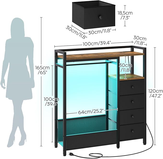 Bedroom Dresser with Clothes Rack, 4 Drawer Dresser with Charging Station and LED Light, Chest of Drawers for Bedroom, Closet Organizer with Hanging Rack and 2-Tier Shoe Rack, Rustic Brown