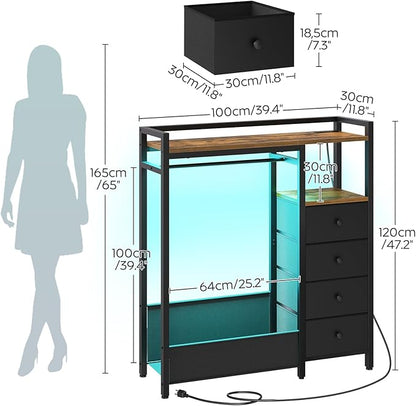 Bedroom Dresser with Clothes Rack, 4 Drawer Dresser with Charging Station and LED Light, Chest of Drawers for Bedroom, Closet Organizer with Hanging Rack and 2-Tier Shoe Rack, Rustic Brown