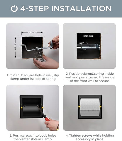 FORIOUS Recessed Toilet Paper Holder, Stainless Steel Durable Tissue Roll Holder Wall Mount for Bathroom Space Saving Design with Mounting Bracket, Wall Square Toilet Paper Dispenser, Black&Gold