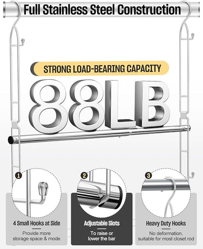Supforce Hanging Closet Rod Stainless Steel, 2 Pack Adjustable Height & Width Closet Rod Extender, Space-Saving Closet Hanging Storage Organizer，Load up to 88LB