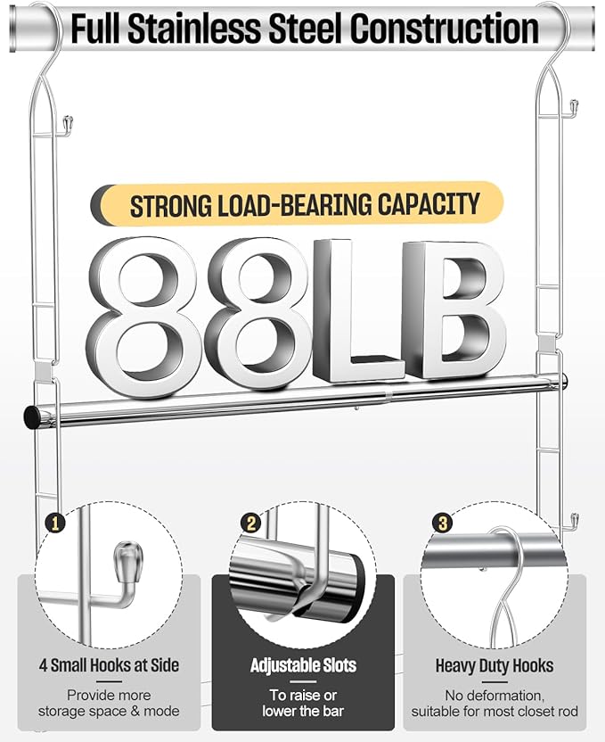 Supforce Hanging Closet Rod Stainless Steel, 1 Pack Adjustable Height & Width Closet Rod Extender, Space-Saving Closet Hanging Storage Organizer，Load up to 88LB