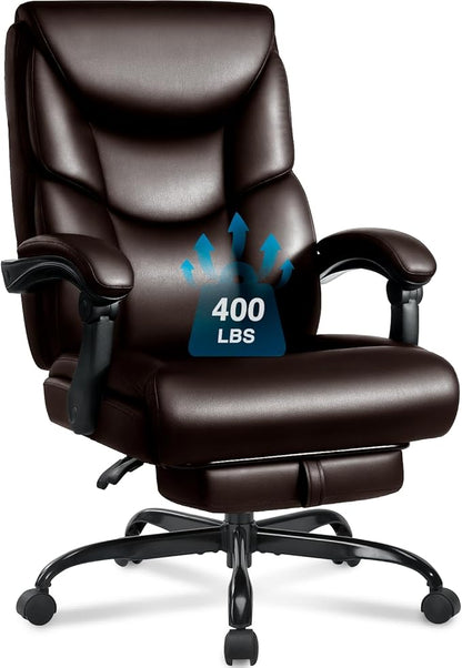 400lbs Office Chair with Foot Rest, Reclining Big and Tall Office Chair with Lumbar Support, High Back PU Leather Computer Chair,Comfy Desk Chair for Home Office (Casual) (Brown)