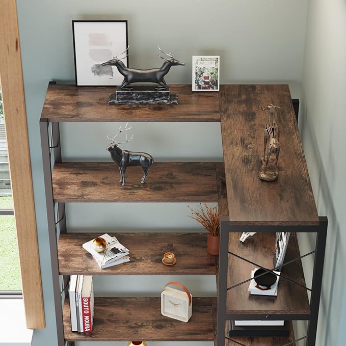 Wildhome 6-Shelf Corner Bookshelf, Vintage Industrial CornerBookshelf Etagere Bookcase, Large Book Shelf with Metal Frame Open Storage Corner Cabinet for Living Room Home Office（Retro Brown）