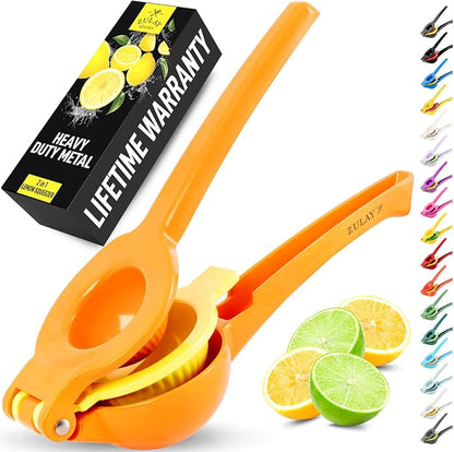 Zulay Kitchen Metal 2-in-1 Lemon Squeezer - Sturdy Max Extraction Hand Juicer Lemon Squeezer Gets Every Last Drop - Easy to Clean Manual Citrus Juicer - Easy-Use Lemon Juicer Squeezer - Orange/Yellow