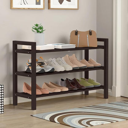 Haddockway Bamboo Shoe Rack for Closet, Free Standing Shoe Organizer with Smooth Round Rods & Convenient Handles, Stackable Shoe Storage Shelf for Entryway, Hallway(Brown, 3-Tier)