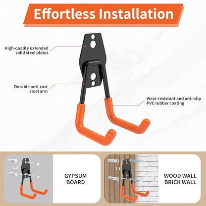 Steel Garage Storage Hooks - 16 Pack Anti-Slip Coating，Heavy Duty Steel Hooks for Hanging Power and Garden Tools，Ladders, Hose, Bikes, Ropes, Bulk Items, and More Hooks