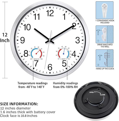 Caysie 12 Inch Sealed Indoor Outdoor Clocks Waterproof with Thermometer and Hygrometer Combo, Silent Battery Operated Quartz Wall Clock for Patio Pool Bathroom Outside Home (Silver)
