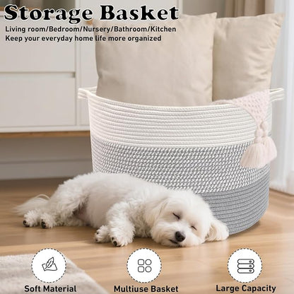 65L Large Blanket Basket,Woven Rope Laundry Basket Hamper with Handles,Decorative Nursery Basket Storage Bin for Toys, Pillows, Clothes Organizer, Living Room, Bedroom, Bathroom, Grey