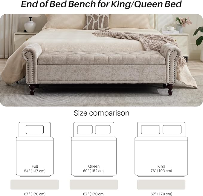 Storage Bench for Bedroom, 67" End of Bed Bench King Size, Upholstered Chenille Storage Ottoman with Tufted Cushioned Rolled Arm Large Storage Space for Living Room Entryway, Light Brown