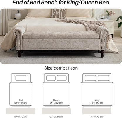 Storage Bench for Bedroom, 67" End of Bed Bench King Size, Upholstered Chenille Storage Ottoman with Tufted Cushioned Rolled Arm Large Storage Space for Living Room Entryway, Light Brown