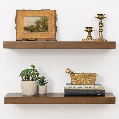 Marsmiles 24 Inch Wood Floating Shelves | Rustic Dark Wood Wall Shelves Set of 2 | 24" W x 7.7" D x 1.6" H Wooden Shelves for Bathroom Living Room Kitchen