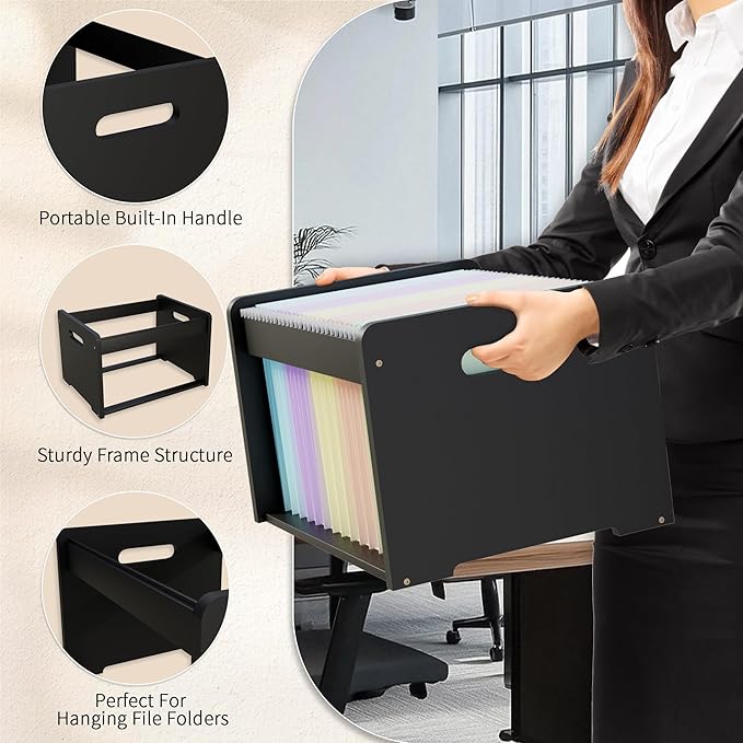 LONTAI Bamboo Hanging File Organizer, Office Desk File Organizer for Letter Size, Wood Hanging File Folders Organizer Record Holder Storage Stand Bookshelf Easy Assembly, Black