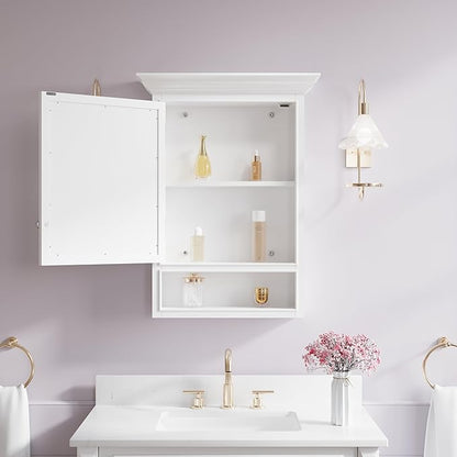 WELLFOR 24"x 32" Wall Mounted Wood Medicine Cabinet with Mirrors for Bathroom, 3-Tier Shelves and External Storage, Solid Wood Medicine Cabinet with Mirror, Anti-Fog Glass Mirror Cabinet