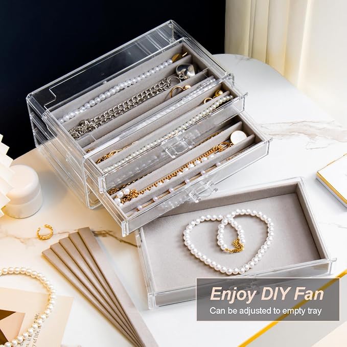 YUFONG Necklace Holder Organizer, Dustproof Necklace Box Velvet Necklace Organizer Box with Lid Clear Acrylic Dustproof Stackable Jewelry Displays for Necklaces Chain Display (Gray, 5 Drawer)