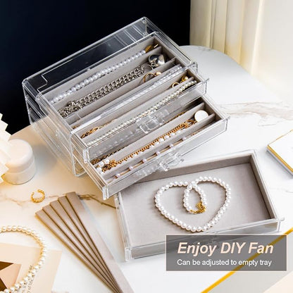 YUFONG Necklace Holder Organizer, Dustproof Necklace Box Velvet Necklace Organizer Box with Lid Clear Acrylic Dustproof Stackable Jewelry Displays for Necklaces Chain Display (Gray, 5 Drawer)